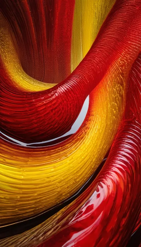 bulb shaped thick liquids in red and yellow intertwined is spiral two turns and a long tail