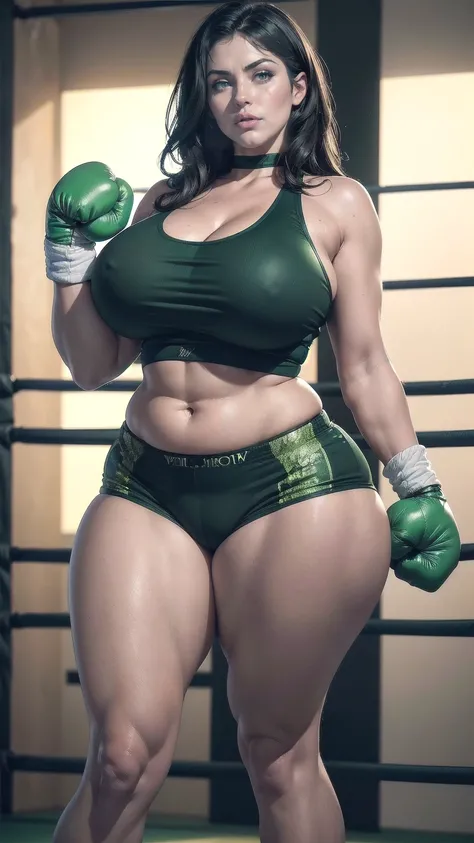 Stunning and gorgeous curvy thicc mature woman, sexy, ((large firm breasts)), (green eyes), (8k, RAW photo, best quality, masterpiece:1.2),ultra-detailed, (high detailed skin:1.2), 8k uhd, dslr, soft lighting, high quality, jet-black hair, ((boxing shorts)...