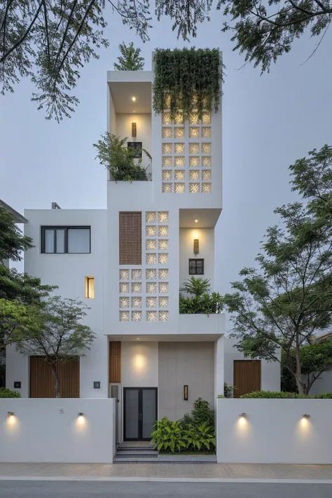 raw photo, a photo of a modern house, (curvilinear archrchitecture:1.4), wabisabi style rounded wall, white grey wall, sidewalk,...