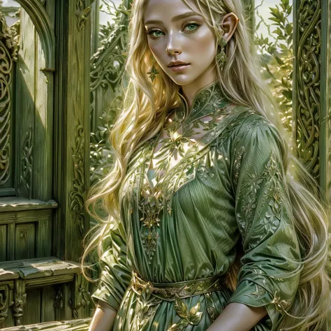 a close-up of a woman in a green dress near a wooden door, very beautiful elven top model, beautiful elven princess, Elven Princess, blonde elven empress, as a medieval fantasy character, magali villeneuve&#39;, Karol behind uhd, blonde haired princess, el...