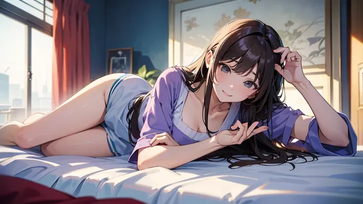 Lying on the floor in the room、Picture a person listening to music with their feet up on the bed。  detailedな顔、detailedな手と脚、(masterpiece) (Highest quality) (detailed) (8K)、Background is blurred、Portrait Photography、