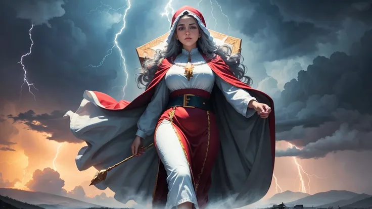 santa, Maria Mother of God, dressed in Jewish clothes, walking among the clouds, surrounded by wind and lightning strike, lightning strike, heavenly weather, divine vision, Magnificent splendor, strong and engaging colors, Determined gaze.