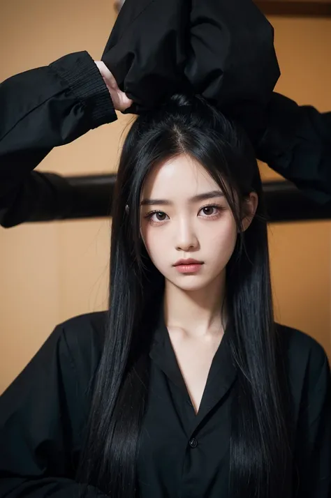 a girl with tied hair wearing black clothes her eyes are also striking and a man with a striking look looking at her closely he is also wearing black clothes and in the background a more or less dark concealer
