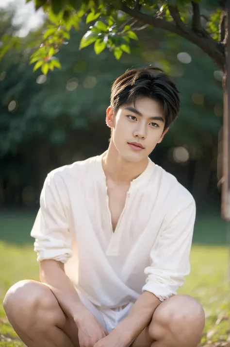 asian muscular boy sitting on grass, sexy, dark eyebrows, white shirt, wearing white thong high cut underwaer, white high cut jo...