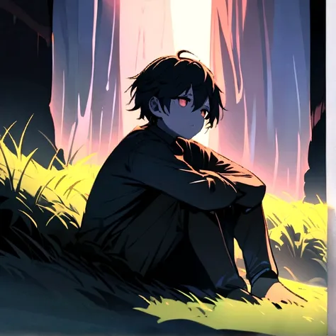 A sad boy sitting alone in sunset in wide area covered with grass , in sideways a waterfall, in up crow group, professional style, extra detailed,  , high resolution, extra quality,HD clarity , colour full perfect grading 