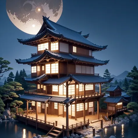 dark blue background, japanese landscape ; japanese garden; japanese architecture ; japanese pagoda ;full moon; nighttime; japan...