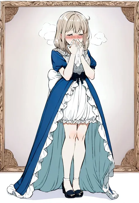 Anime. Girl. Cold. Runny nose. Nasal mucus. Snot. Snot flows from the nose. Handkerchief. Sneeze. Sneezing. Sneezes. Dress. Shoes. Standing. Embarrassment. Blush. Allergy. Strong desire to sneeze. She sneezed. hand covers nose. Blows his nose. Full height....