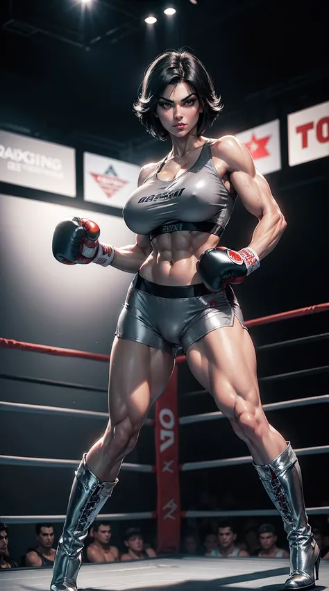 A beautiful 40 year old raven-haired Denise Milani as a sexy boxer girl, th3p1t, fake breasts, ((short boxing shorts, silver grey boxing shorts, silver grey t-shirt)), (tight-fitting silver high-heel knee-boots) (muscular physique), (strong muscular legs),...