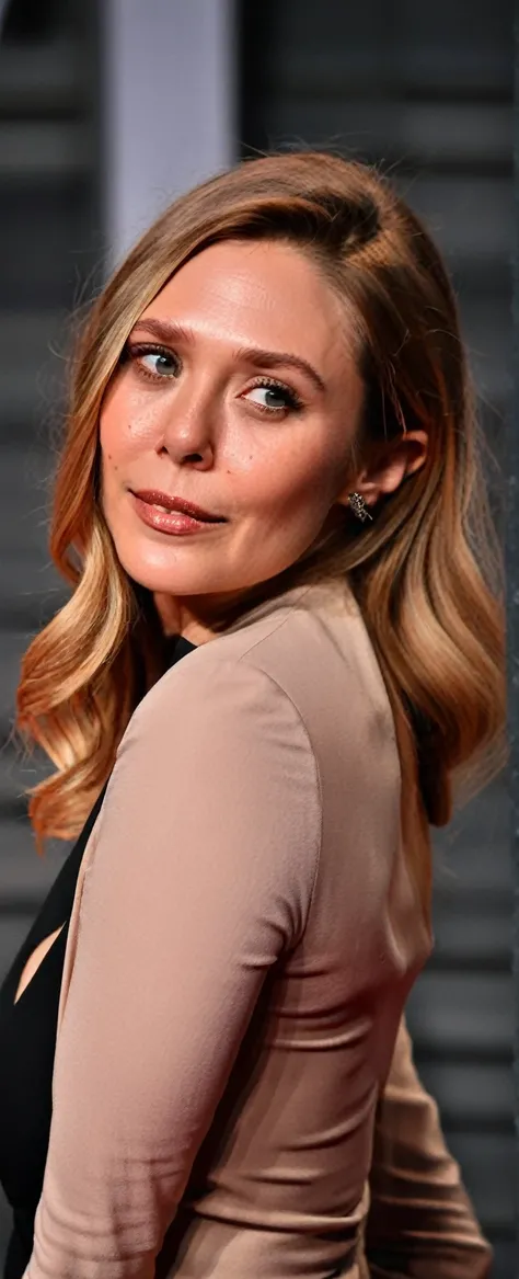 ultra realistic  photograph  of Elizabeth Olsen , sexy woman, 40yo woman, huge breast , ( , hollywood actress , female , woman, realistic babe, celebrity  ), outdoors, tall fit figure , ( insanely detailed skin texture , depth of field, detailed eyes, phot...