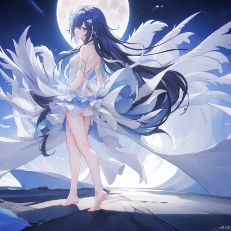 ((a very far view)) of a anime girl, (standing in the moon), cinematic light, slim body with curves, skin perfectly white, soft,...