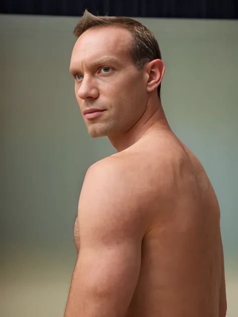 a man in photo studio looking to side, side angle of face, black shirt, ((holding a professional digital camera)), solid studio ...