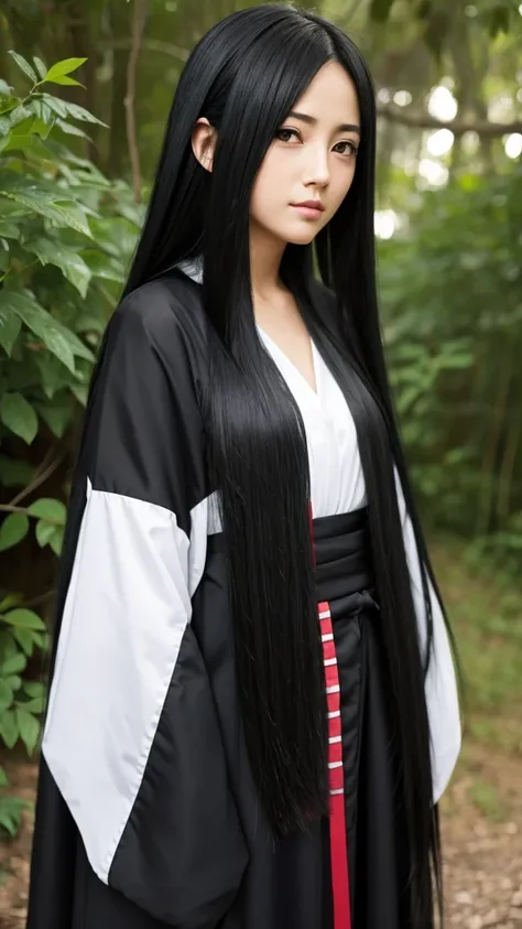 girl, long black hair, itachi&#39;s female appearance, black and red robes, sharingan eyes, background in konoha