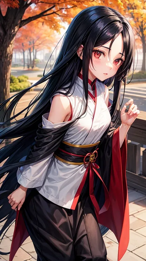 girl, long black hair, itachi&#39;s female appearance, black and red robes, sharingan eyes, background in konoha