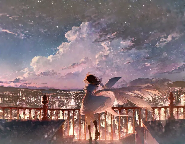 high quality, best quality, by rella, 1girl, solo, sky, cloud, scenery, outdoors, dress, railing, night time, neon colors, city ...