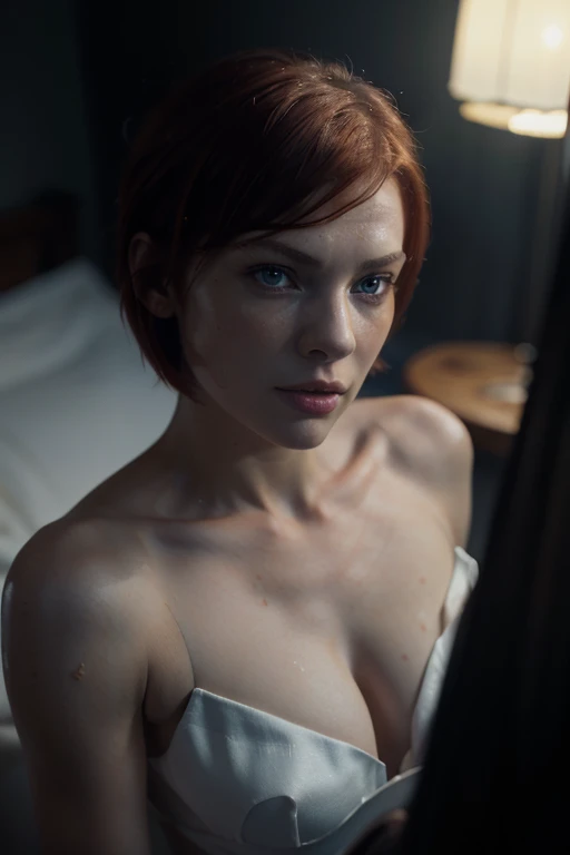 1 girl, Lilu the fifth element, redheaded woman, short hair, red hair, blue eyes, looking at viewer from above, head and shoulders portrait from above, Milla Jovovich, white suit, white clothing, thin, slender, proportionate, realism, (best quality,4k,8k,h...