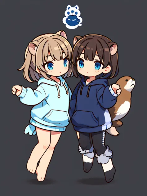 a sea otter with otter ears // with light blue eyes // a dark blue hoodie // brown hair with gray and white highlights ((half of...