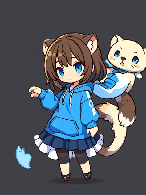 a sea otter with otter ears // with light blue eyes // a dark blue hoodie // brown hair with gray and white highlights ((half of...