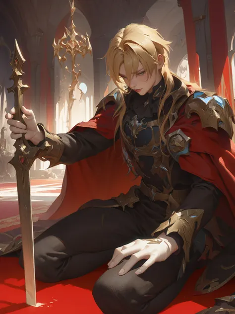 anime - style image of a man in a red cape sitting on a red carpet, portrait of magical blond prince, zerochan art, inspired by ...