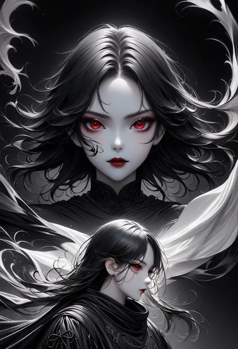 (best quality, high resolution:1.2), Practical, Black skirt, Black Hair, Dark theme, black background, Dark Ninja, Strong gaze, Elegant Posture, floating dress, Detailed facial features, Long eyelashes, Compared, Fine details, Theatrical atmosphere, Gothic...