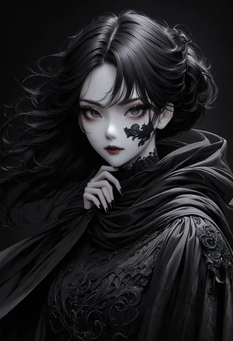 (best quality, high resolution:1.2), Practical, Black skirt, Black Hair, Dark theme, black background, Dark Ninja, Strong gaze, Elegant Posture, floating dress, Detailed facial features, Long eyelashes, Compared, Fine details, Theatrical atmosphere, Gothic...