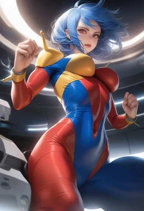 Perfect hands, Perfect Fingers,Perfect Anatomy, masterpiece, Highest quality,Realistic, hyperRealistic, 16k hdr,One girl, Medium chest,Blue Hair, Bobcut,Mobile Trace Suit, Pauldrons,Fighting Pose, Upper Body, cockpit,From below