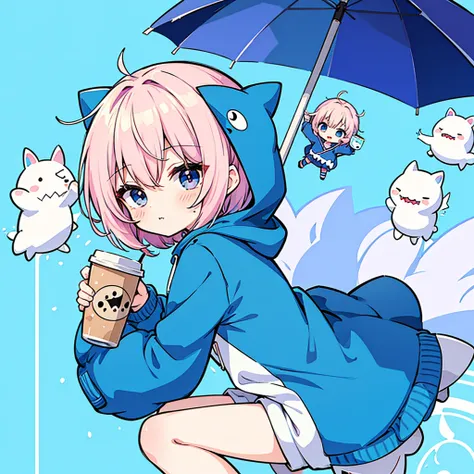 shark hooded anime character holding a cup of coffee, cute anime, kawaii rainy gloomy, 2d anime style, maple story character art...