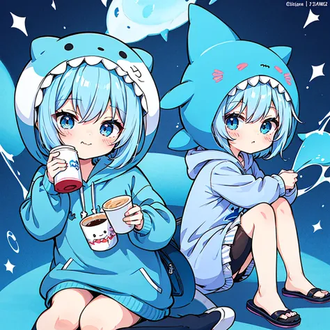 shark hooded anime character holding a cup of coffee, cute anime, kawaii rainy gloomy, 2d anime style, maple story character art...