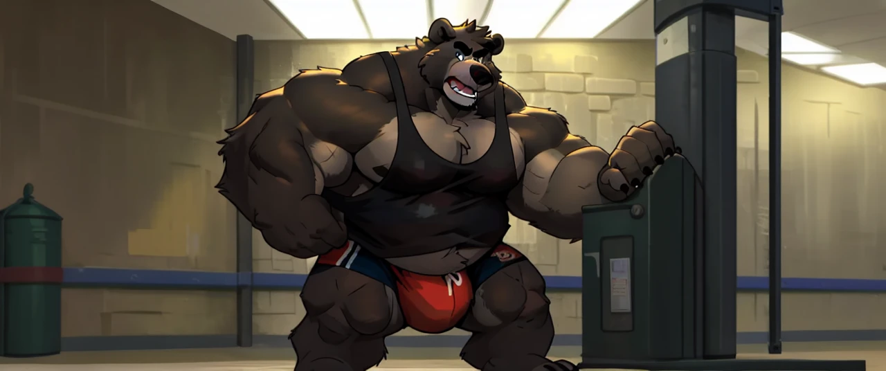 ((masterpiece, best quality)),solo, 1bear, solo, baloo, huge thick muscular, black gym shorts, black tank top, black eyes, furry, bear, no humans, gymnasium, cable crossover machine set, pulling the cables, growling and grunting, being super strong