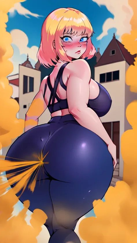 ((best quality)), ((highly detailed)), absurdres, (detailed eyes, deep eyes), (1girl), dynamic pose, yoga top, yoga pants, large breasts, surprised, blushing, showing butt to viewer, (outside) bbcchan