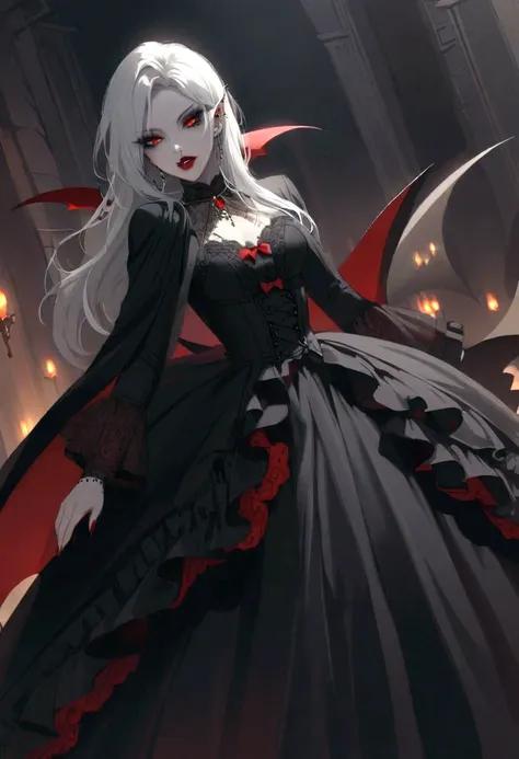 beautiful vampire woman , long white hair , eyes red , black gown , black victorian dress , piercing look and red lipstick, vamp...