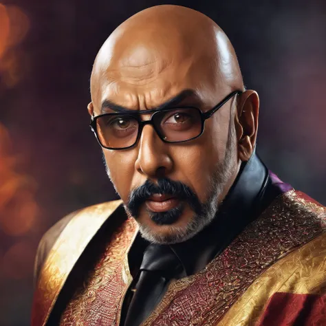 Create a portrait of actor sathyaraj as super villain, detailed cg, realistic portrait.