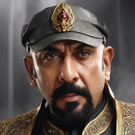 Create a portrait of actor sathyaraj as super villain, detailed cg, realistic portrait.