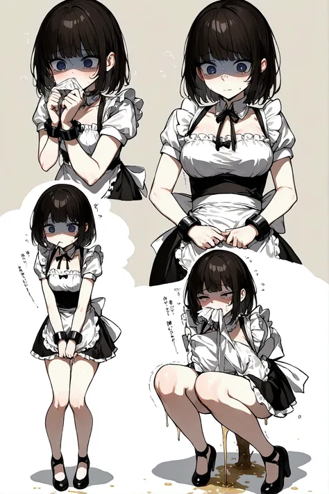 Anime, girl, cute girl, slave, maid, maid uniform, shoes, slave collar, shackles, cold, runny nose, nasal mucus, snot, snot from the nose, handkerchief, you need to sneeze, sneeze yourself, sneeze snot from your nose, desperately want sneeze, cover your no...