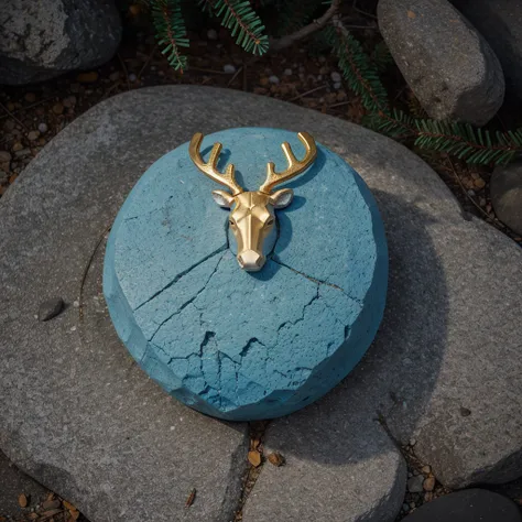 Minimalist full body reindeer logo carved into a light blue minimalist rock with golden ratio 
