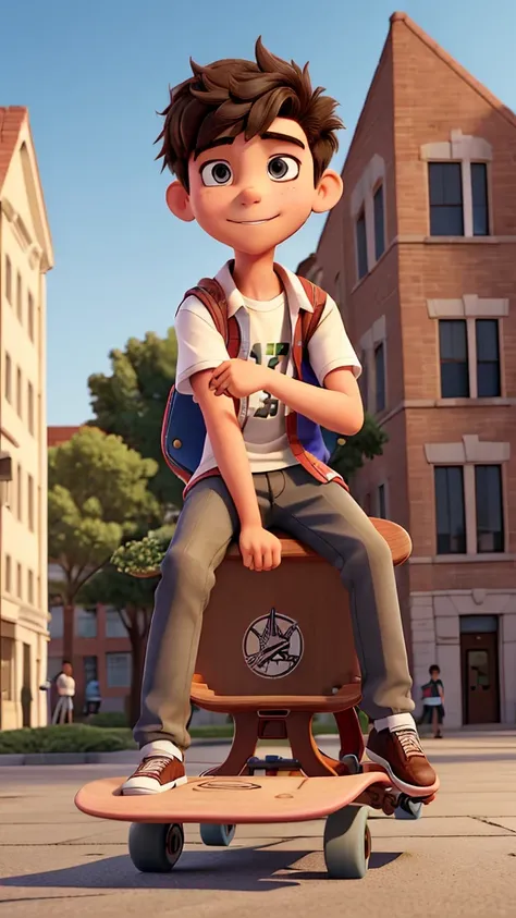 A student boy, in high school student clothes, he is sitting on his skateboard in the square,