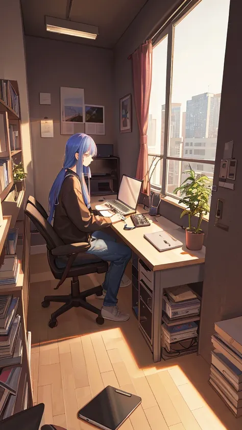 (masutepiece:1.5, Best Quality:1.5), ((Vaporwave Style, partially coloring)),In a cozy apartment, Girl studying diligently at desk alone,dim room,Stylish warm lighting, laptop, Coffee on the desk, desk lights on thedesk, I can see the moon from the window,...