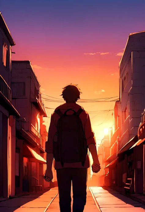 ２０Teenage couple、Holding hands and walking through the city、Back view、The background is a sunset