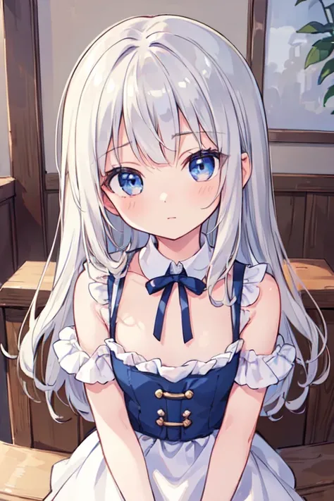 (best quality, masterpiece:1.2), ultra detailed, extremely detailed eyes and face, natural skin texture, detailed skin, natural lighting,
 chibi, 1 girl, 12-years-old, (cute),
 silver hair, middle hair, straight hair, shiny hair,
 blue eyes,
 flat chest,
 ...