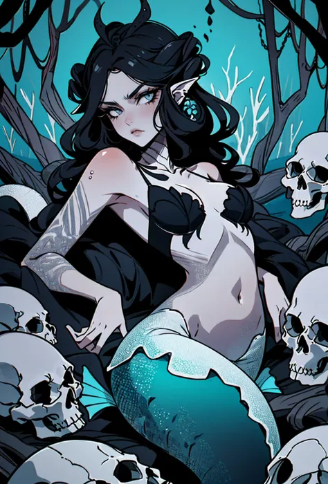 {-erro_de_anatomia:1.0} woman 30 years old, underwater, skeleton, corpse,Under the sea, where coral tendrils and vines abound, a woman (mermaid), long black hair (black hair) looks at you amidst a pile of bones and skulls. Indifferent look , merciless. Lyi...