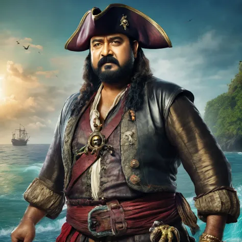 Create a portrait of actor mohan lal as pirate in fantasy sea with strange creature, detailed cg and face, realistic portrait.