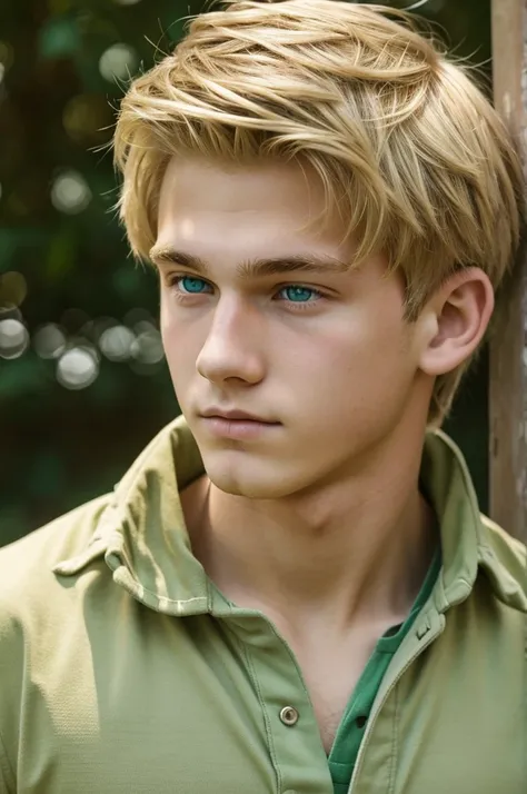 Teenage boy with blonde hair and reddish emerald green eyes 