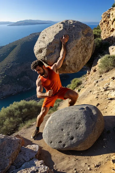 SVG quality image of a greek man pushing a massive boulder up a slope, high quality, no background