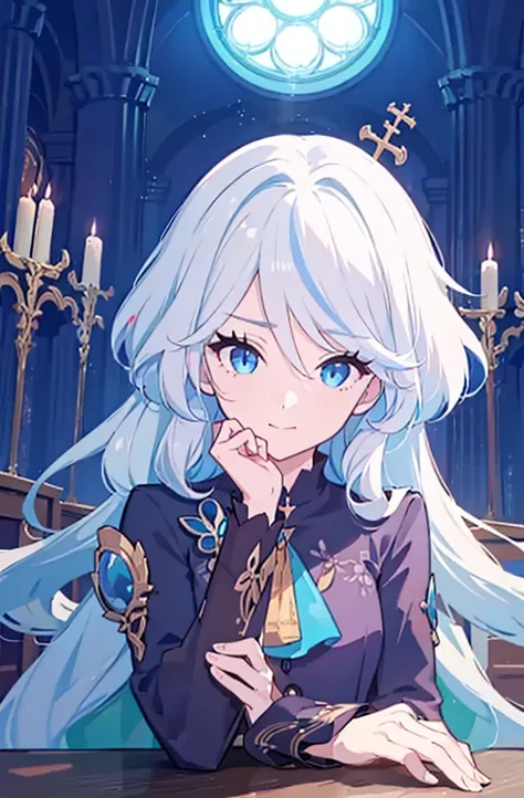 (Best Quality),(masutepiece:1.1),(the Extremely Detailed CG Unity 8K Wallpapers:1.1), (Colorful:0.9),1girl, white hair, solo focus, clearly, blue eyes, very long hair, stole, priest, Bishojo, church