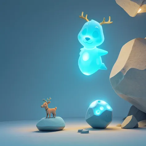 Minimalist full body reindeer logo carved into a light blue minimalist rock with golden ratio 
