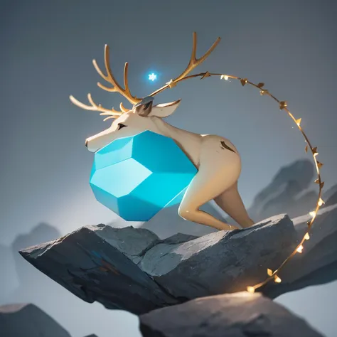 Minimalist full body reindeer logo carved into a light blue minimalist rock with golden ratio 
