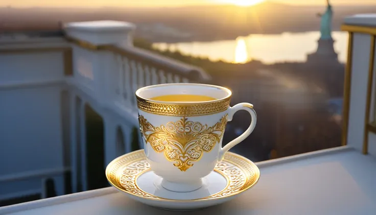 A porcelain cup with an intricate golden design, placed on a matching saucer. The cup and saucer are set on a balcony railing, with a backdrop of america in the warm glow of sunrise. The state of liberty stands majestically in the distance, and the scene i...