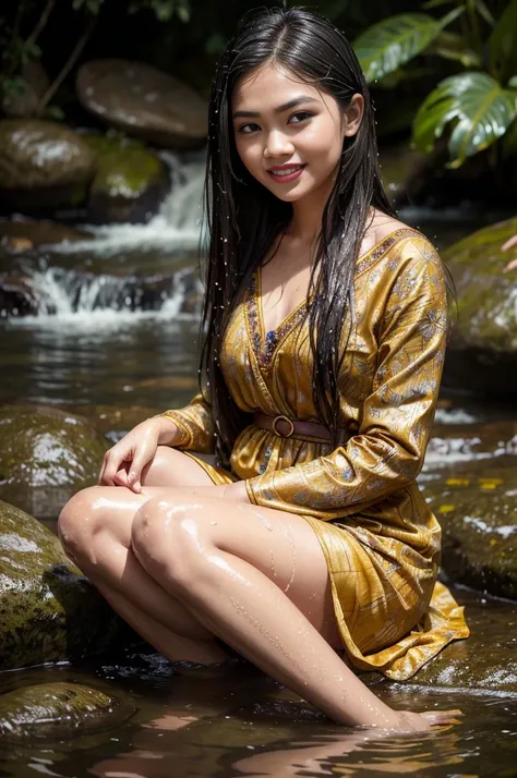 Malay woman wearing batik clothes, sitting in the river stone, long sleeves, close-up fantasy with water magic, beautiful girl, smile happily, big breast, long brown hair, wet hair, wearing a dress made of water, lifting up her dress, splashing water, real...