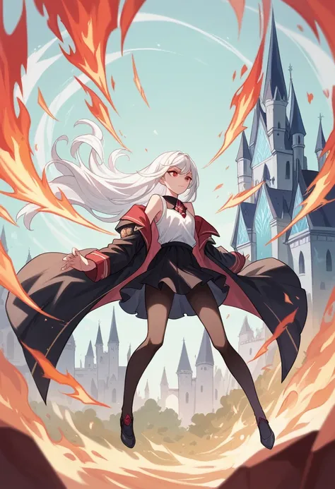 daughter, long white hair loose, scarlet red eyes, white undershirt, black coat falling off the shoulders, Black Skirt, transparent black pantyhose, fire and ice power, night castle in the middle of the sea, 8K, high resolution, cinematic, realisitic.