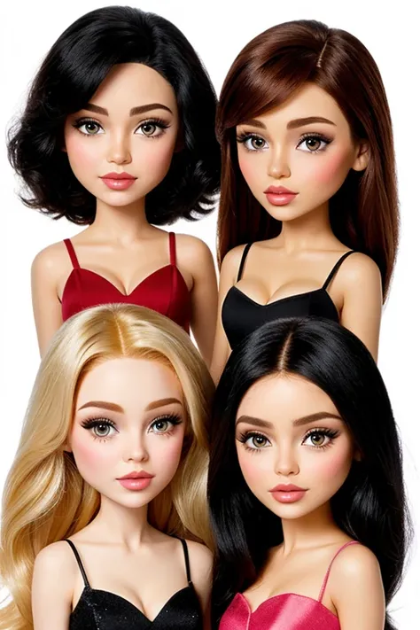 4 animated Bratz, two black haired short hair, a blonde and a redhead