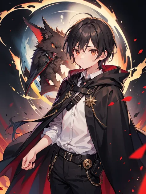 masculine teenage boy, medium length black hair, brown eyes, black cloak, black and red aura